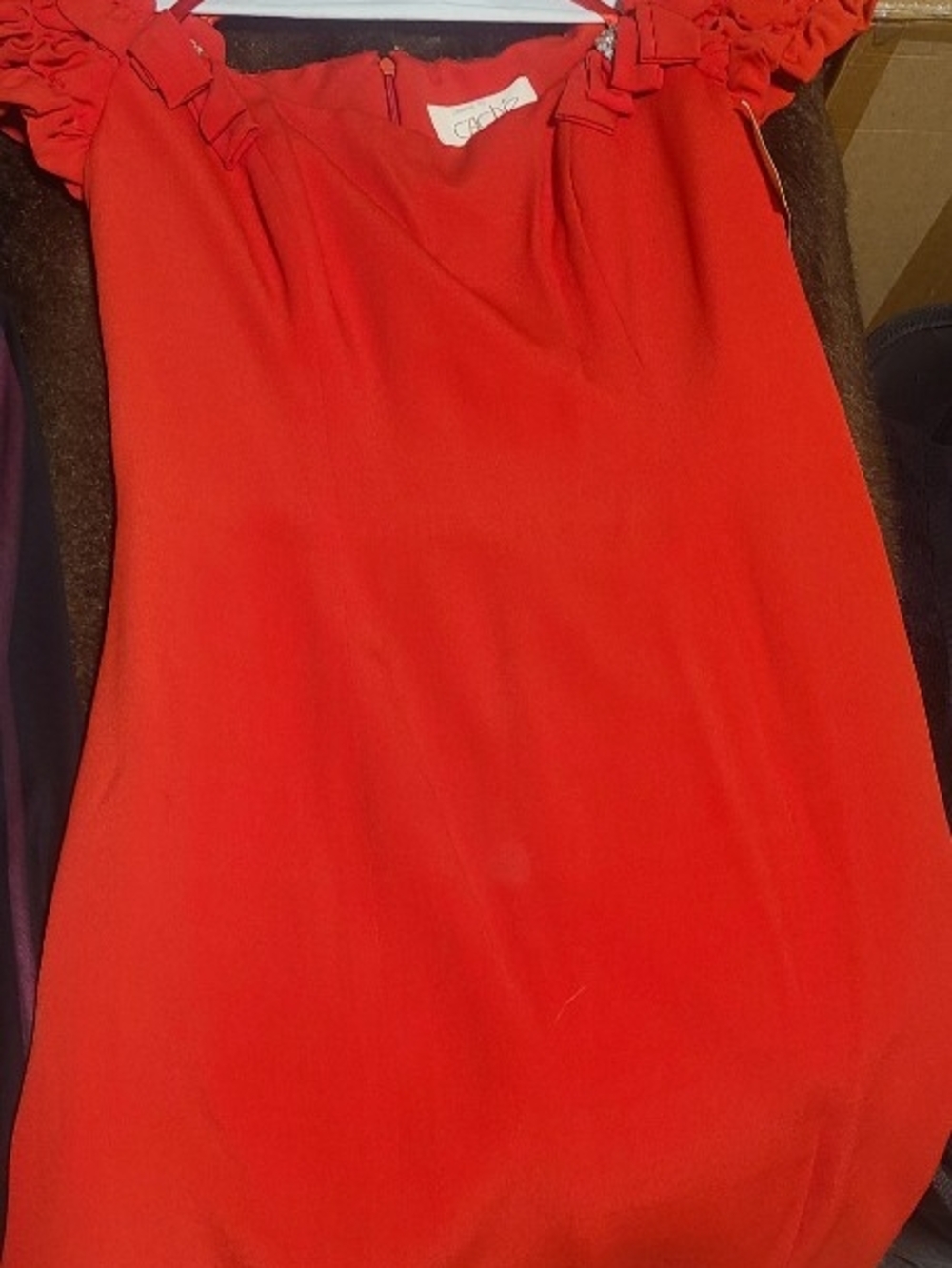 Cache Red Ruffle-Shoulder Tunic Dress
